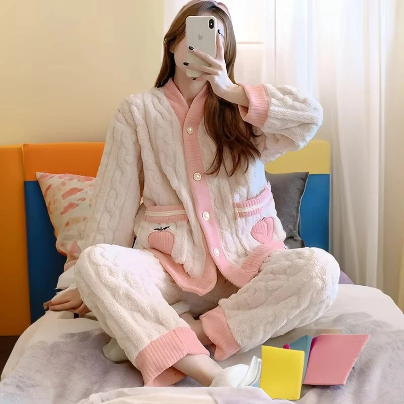 Cozy Coral Flannel & Velvet Pyjama Set