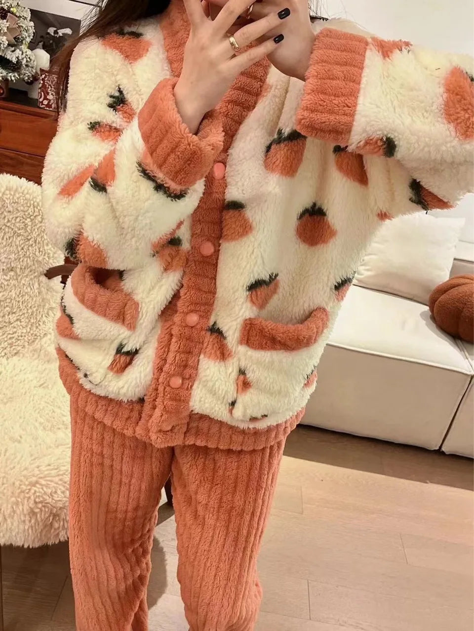 Cozy Coral Flannel & Velvet Pyjama Set